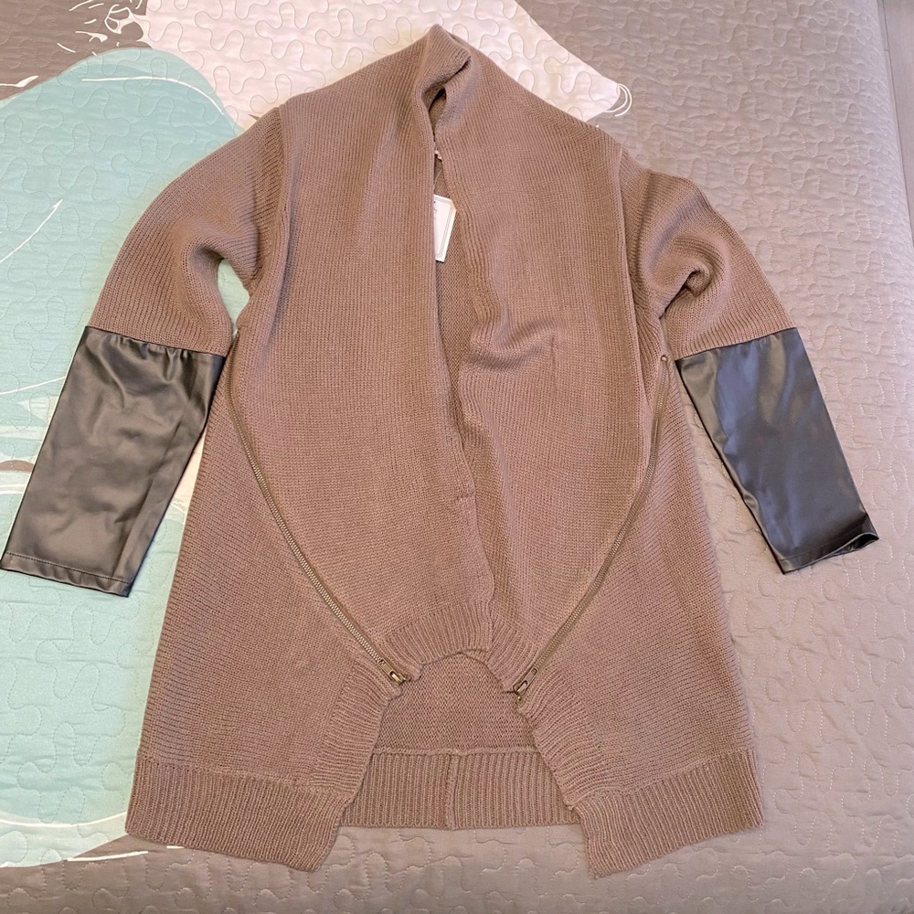 Woman’s brown open front cardigan with black faux leather sleeves detail, size S